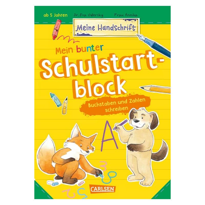 Buntes Deutsch-Übungsbuch mit Fuchs, Hund, Stiften und Buchstaben für Kinder ab 5 Jahren.