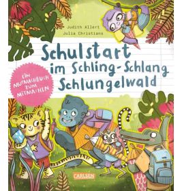 Buntes Buchcover mit Cartoon-Tieren und Kindern, Titel: Schulstart im Schling-Schlang Schlungelwald.