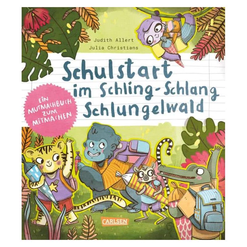 Buntes Buchcover mit Cartoon-Tieren und Kindern, Titel: Schulstart im Schling-Schlang Schlungelwald.