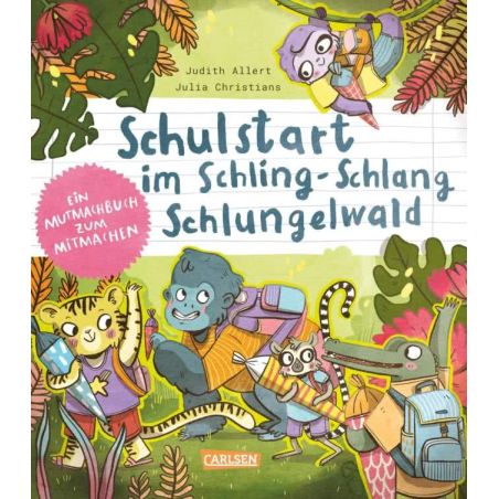 Buntes Buchcover mit Cartoon-Tieren und Kindern, Titel: Schulstart im Schling-Schlang Schlungelwald.