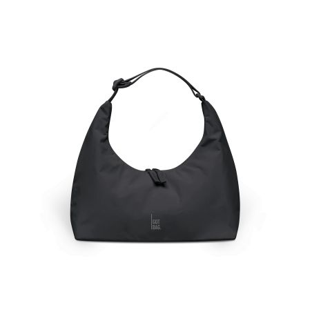 Schwarze Hobo-Schultertasche mit geknotetem Riemen und kleinem Frontlogo mit der Aufschrift GOT BAG. Schwarze Hobo-Schultertasche mit geknotetem Riemen und kleinem Frontlogo mit der Aufschrift GOT BAG.