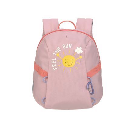 Rosa Kinder-Rucksack mit lachender Sonne und dem Aufdruck Feel the Sun auf der Vorderseite.