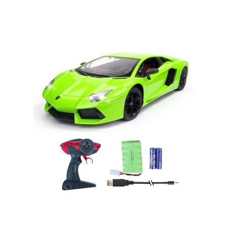 Leuchtgrünes ferngesteuertes Sportauto mit schwarzen Rädern, Fernbedienung, Akku und Ladezubehör abgebildet.