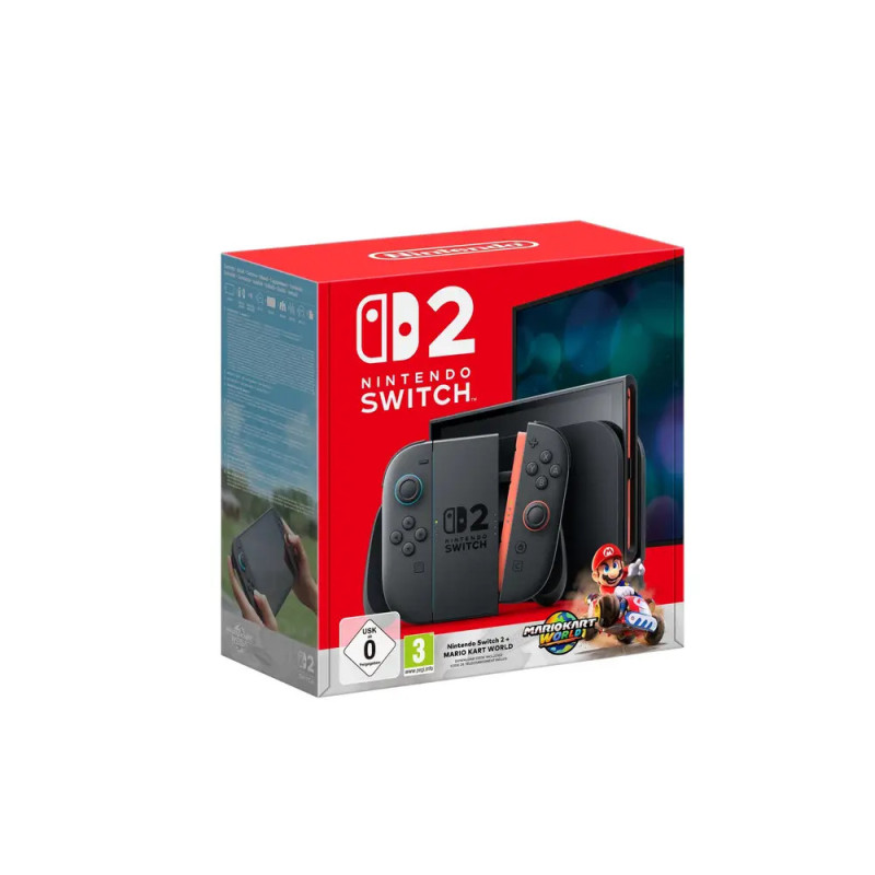 Rote Nintendo Switch OLED Box mit Mario Kart 8 Deluxe sowie Konsole und Joy-Con-Controllern abgebildet.