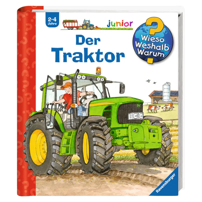 Kinderbuchcover: grüner Traktor, ein Bauer, Kühe und eine Scheune im Hintergrund.