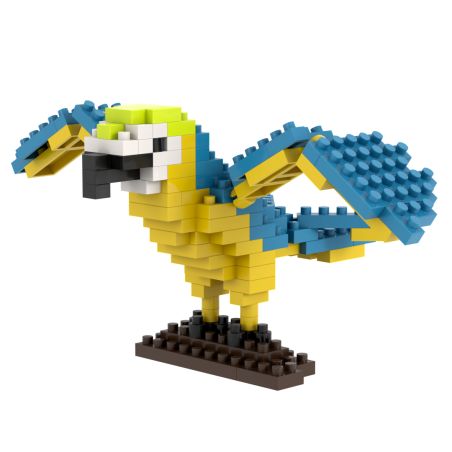 Bunte Legosteine bilden einen Papagei mit ausgebreiteten Flügeln auf brauner Basis.