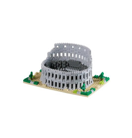 Miniatur-Colosseum aus kleinen Bausteinen auf einer Basis mit etwas Begrünung.
