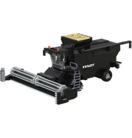 LEGO-Modell eines schwarzen Fendt-Mähdreschers mit detailliertem Schneidwerk und sichtbaren Rädern.