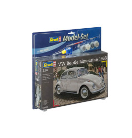 Revell VW Käfer Limousine 1968 Modellbausatz mit Farben, Pinsel und Kleber in der Verpackung.