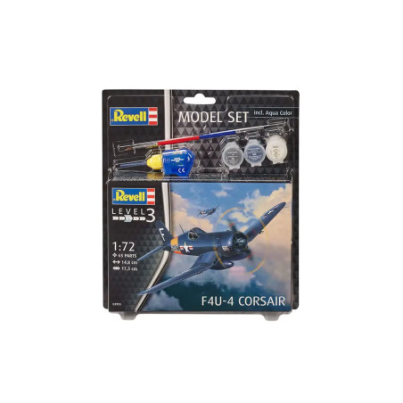 Revell F4U-4 Corsair Modellset mit Farben, Pinsel und einem Flugzeugbild auf der Verpackung.