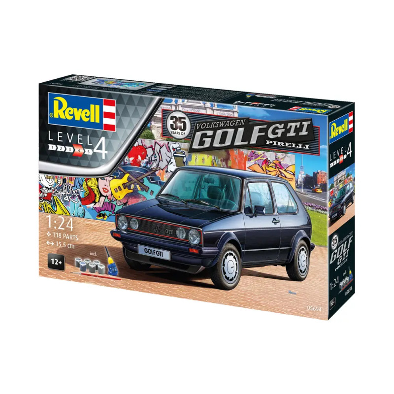 Revell Level 4 VW Golf GTI Modellbausatz mit Abbildung des Autos vor Graffiti-Hintergrund auf der Verpackung.