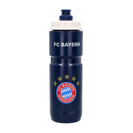 Dunkelblaue FC Bayern München Trinkflasche mit Vereinslogo und fünf goldenen Sternen darüber.