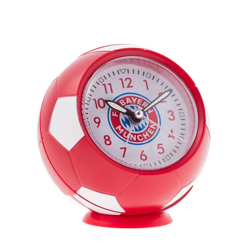 Rot-weiße Uhr in Fußballform mit FC Bayern München Logo auf dem Zifferblatt. Rot-weiße Uhr in Fußballform mit FC Bayern München Logo auf dem Zifferblatt.