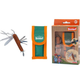 Kinder-Multitool mit grünem Etui und Box, Scout-Logo sichtbar, mit mehreren Werkzeug-Aufsätzen.