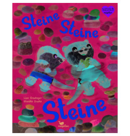Zwei illustrierte Otter halten bunte Steine vor rosa Hintergrund mit dem deutschen Titel Steine Steine Steine.