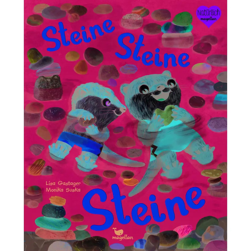 Zwei illustrierte Otter halten bunte Steine vor rosa Hintergrund mit dem deutschen Titel Steine Steine Steine.