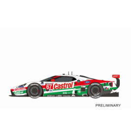 Rennwagen seitlich, Nummer 67, mit Castrol- und Ford-Logos in Rot, Grün, Weiß und Schwarz.