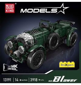 Abbildung der Verpackung eines grünen Vintage-Autobausatzes von Mould King, beschriftet mit Models und No. Blower.