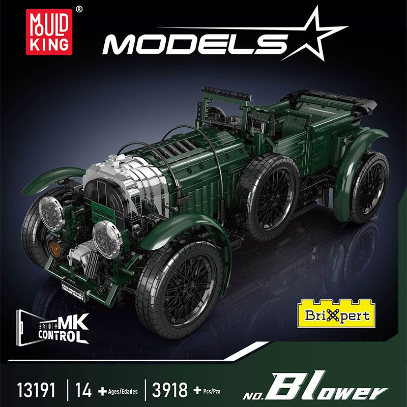 Abbildung der Verpackung eines grünen Vintage-Autobausatzes von Mould King, beschriftet mit Models und No. Blower. Abbildung der Verpackung eines grünen Vintage-Autobausatzes von Mould King, beschriftet mit Models und No. Blower.