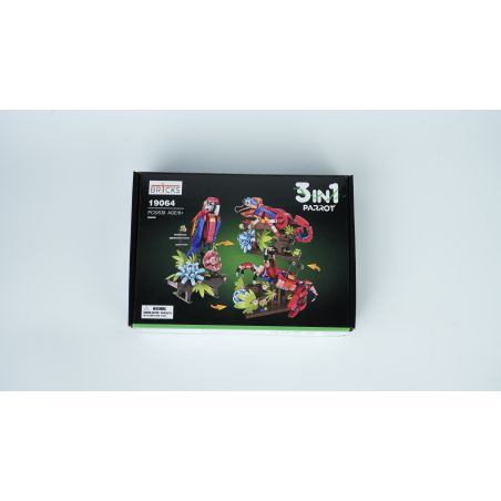 Box eines 3-in-1-Bausatzes für Papagei, Frosch und Libelle vor weißem Hintergrund.