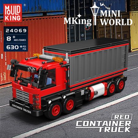 Rotes Spielzeug-Container-Lkw-Set auf Straße mit Mould King Mini World-Schriftzug und Containern im Hintergrund.