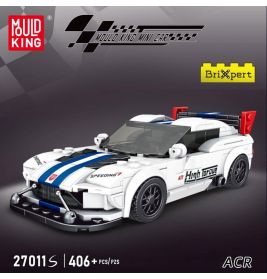 Mould King Bauset: weiß-blauer Spielzeug-Sportwagen mit über 406 Teilen, High Torque & Speeding-Aufdruck.