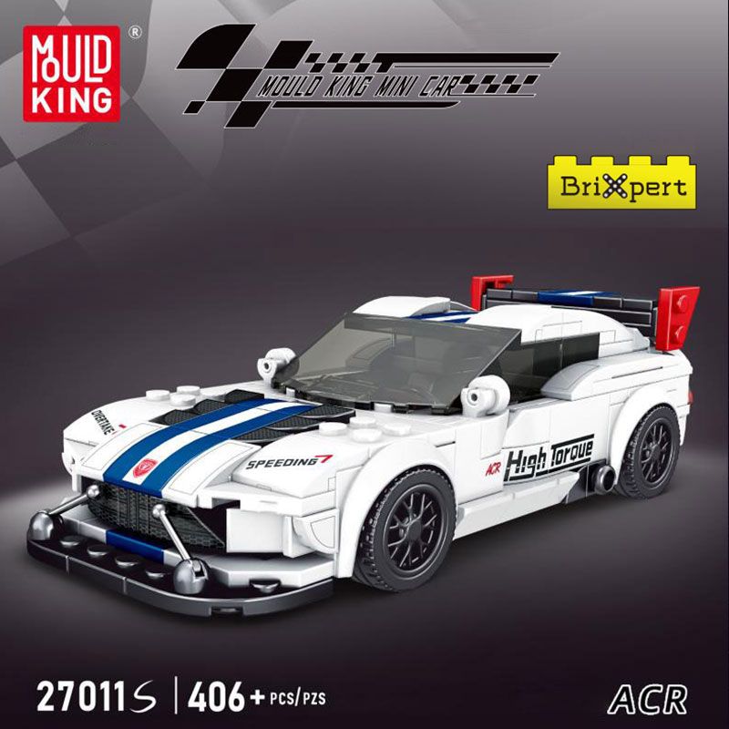 Mould King Bauset: weiß-blauer Spielzeug-Sportwagen mit über 406 Teilen, High Torque & Speeding-Aufdruck.