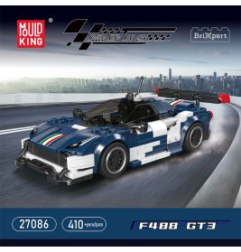 Blau-weißes Rennwagen-Modell aus Bausteinen auf Rennstrecke, Box: Mould King 27086, F488 GT3, 410 Teile.