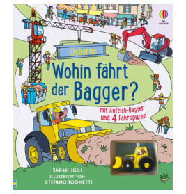 Kinderbuchcover mit Baufahrzeugen, Bauarbeitern und einem Spielzeugbagger unten rechts.