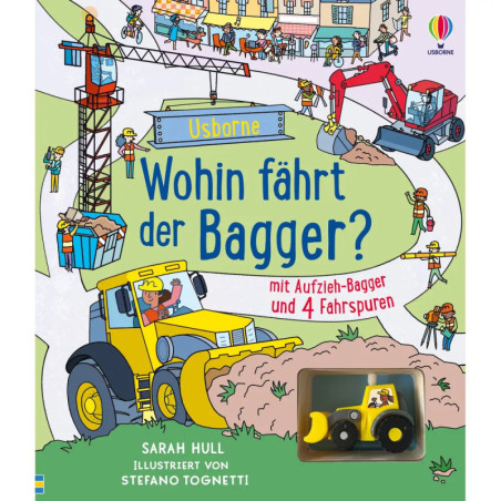 Kinderbuchcover mit Baufahrzeugen, Bauarbeitern und einem Spielzeugbagger unten rechts.