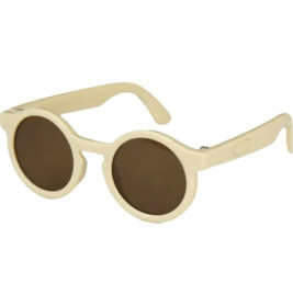 Runde Sonnenbrille mit beigen Fassungen und dunklen Gläsern vor weißem Hintergrund.