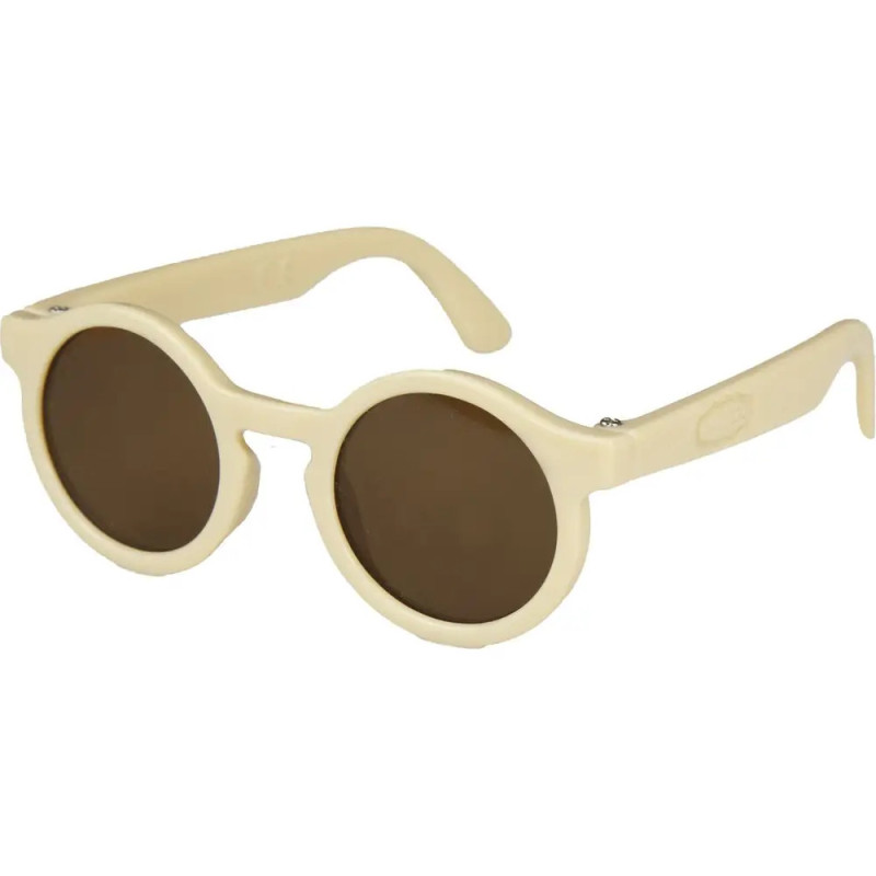 Runde Sonnenbrille mit beigen Fassungen und dunklen Gläsern vor weißem Hintergrund. Runde Sonnenbrille mit beigen Fassungen und dunklen Gläsern vor weißem Hintergrund.