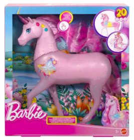 Barbie-Einhornspielzeug in Pink mit Leuchtfunktion, bunte Verpackung, geeignet ab 3 Jahren.