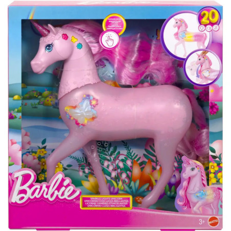 Barbie-Einhornspielzeug in Pink mit Leuchtfunktion, bunte Verpackung, geeignet ab 3 Jahren.