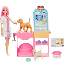 Barbie Tierarzt-Spielset mit Puppe, Hund, Katze, Untersuchungstisch und buntem Zubehör.