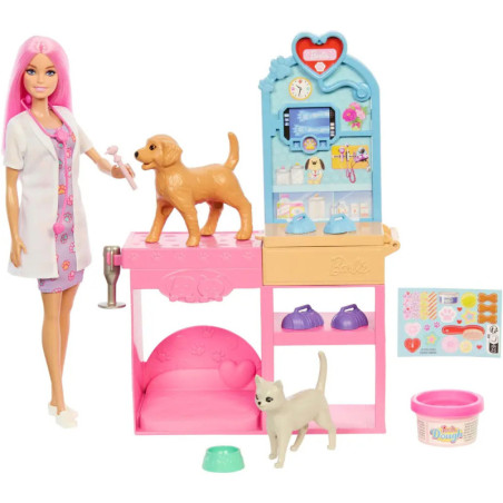 Barbie Tierarzt-Spielset mit Puppe, Hund, Katze, Untersuchungstisch und buntem Zubehör.