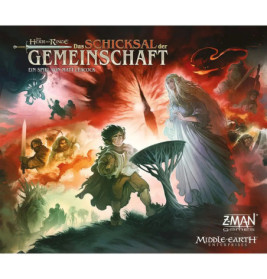 Fantasiemotiv: Ein Hobbit hält einen Ring, im Hintergrund geisterhafte Frau und Schattenfiguren.