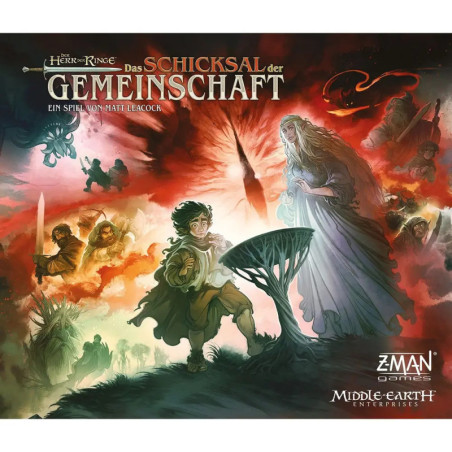 Fantasiemotiv: Ein Hobbit hält einen Ring, im Hintergrund geisterhafte Frau und Schattenfiguren.