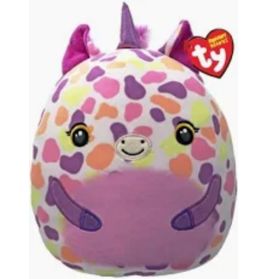 Pastellfarbenes Ty-Plüscheinhorn mit Fleckenmuster, lila Horn und lächelndem Gesicht.