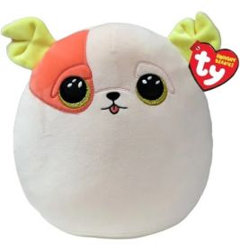 Rundes Plüschtier mit großen Augen, gelbem Ohr, Augenklappe und rotem Ty-Anhänger.