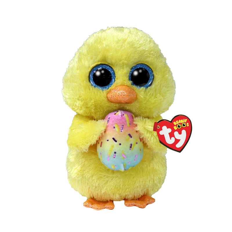 Ein gelbes Plüschküken mit großen blauen Augen hält ein bunt gesprenkeltes Ei und trägt ein herzförmiges Ty-Label.