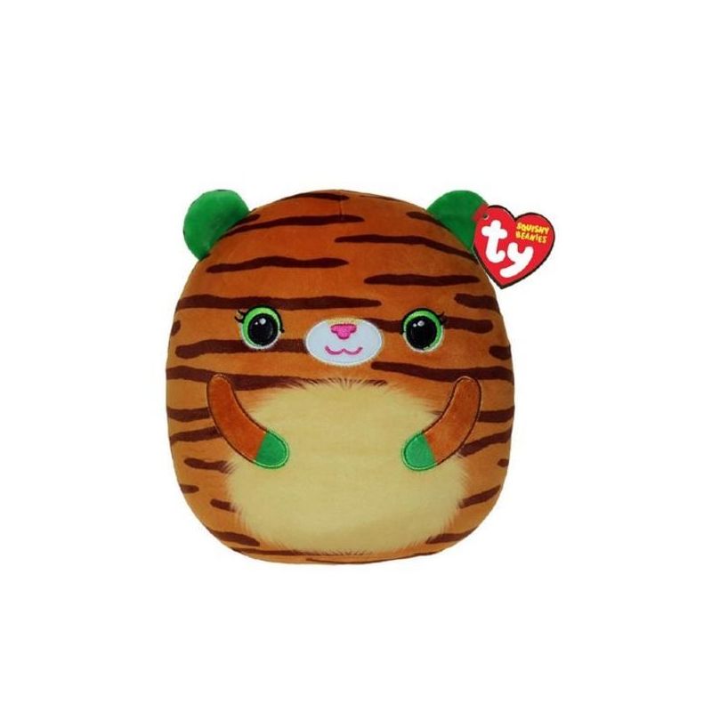 Rundes Plüsch-Tiger-Spielzeug mit grünen Ohren, schwarzen Streifen und Ty-Anhänger vor weißem Hintergrund.