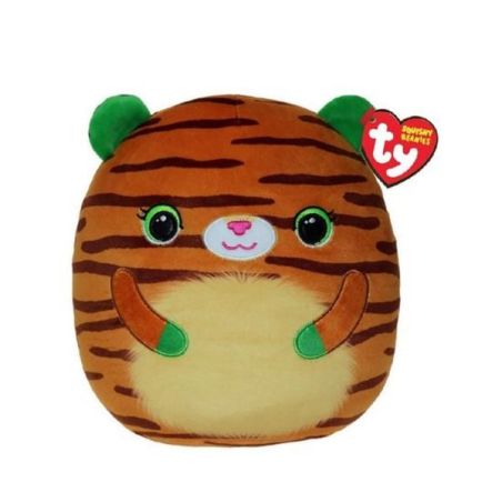 Rundes Plüsch-Tiger-Spielzeug mit grünen Ohren, schwarzen Streifen und Ty-Anhänger vor weißem Hintergrund.