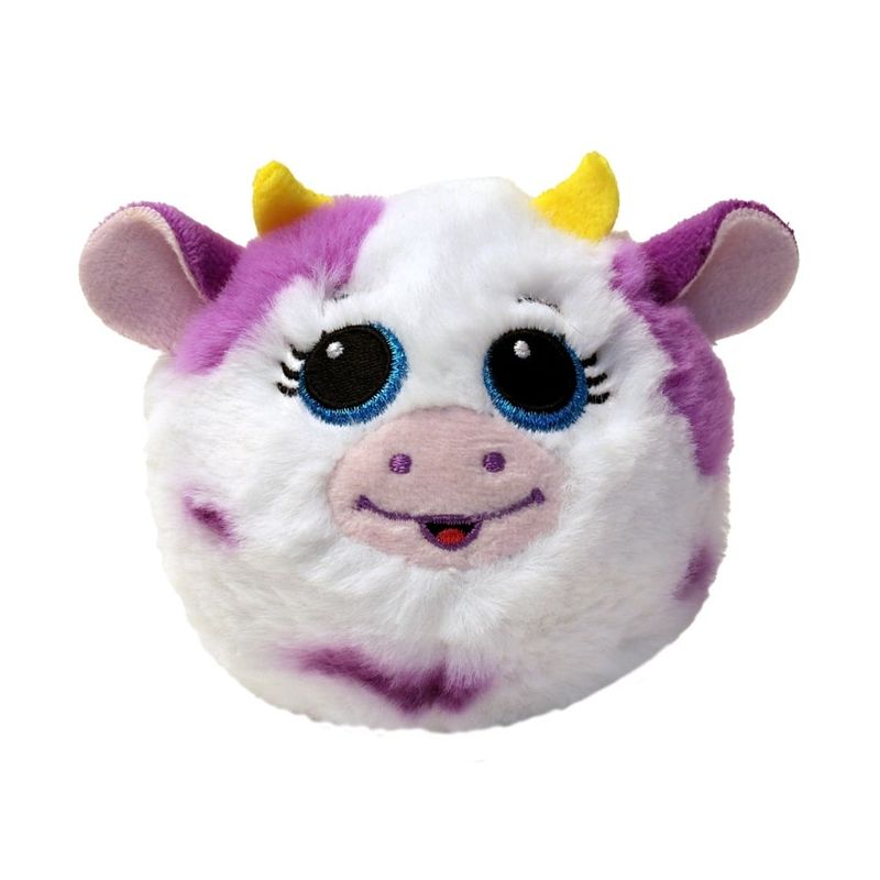 Rundes Plüschkuh-Spielzeug mit lilafarbenen Flecken, großen blauen Augen, gelben Hörnern und fröhlichem Lächeln.