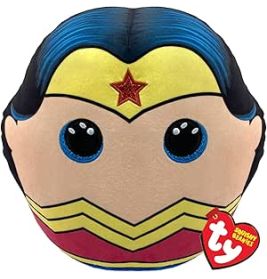 Wonder Woman Plüschfigur von Ty mit großen blauen Augen, goldener Tiara und rotem Stern.