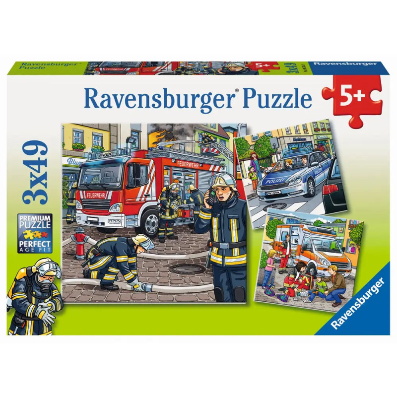 Schachtel eines Ravensburger Feuerwehr-Puzzles ab 5 Jahren mit abgebildeten Feuerwehrleuten im Einsatz.