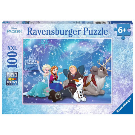Ravensburger Frozen Puzzle mit Elsa, Anna, Kristoff, Olaf und Sven vor winterlicher Schneelandschaft.