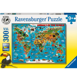 Ravensburger Puzzle mit 300 Teilen: Bunte Weltkarte mit Tieren abgebildet auf der Verpackung.