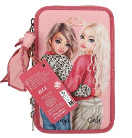 Zwei gezeichnete Mädchen posieren auf einem rosa Etui eine formt ein Herz mit den Händen.