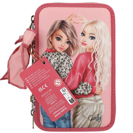 Zwei gezeichnete Mädchen posieren auf einem rosa Etui eine formt ein Herz mit den Händen.